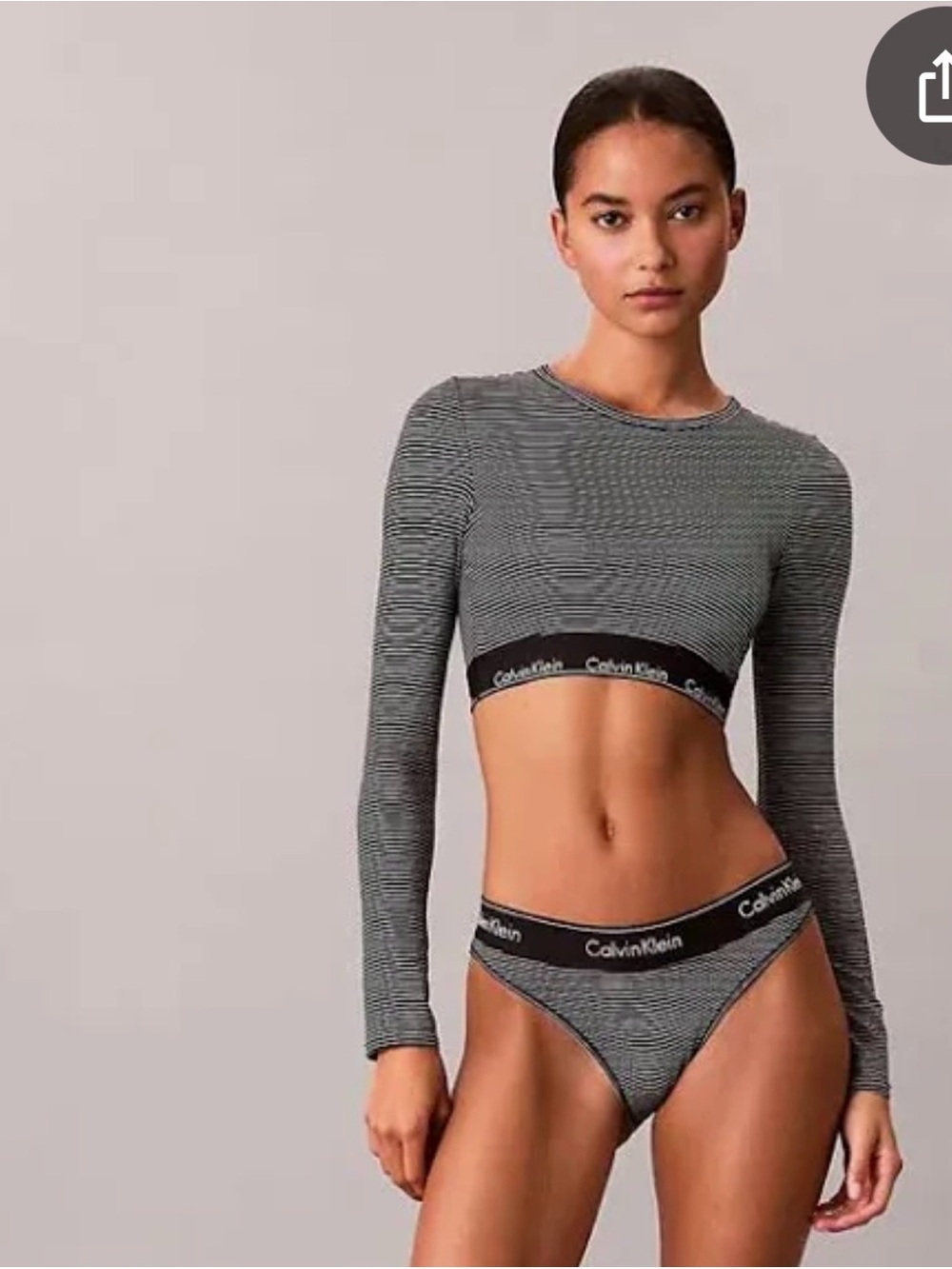 Calvin Klein Black & Gray Striped Long-Sleeve Cropped Top with built in bra